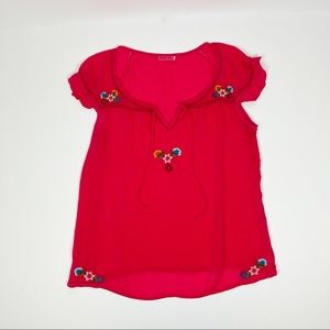 Johnny Was Embroidered Floral Tie Short Sleeve Pink Top XL